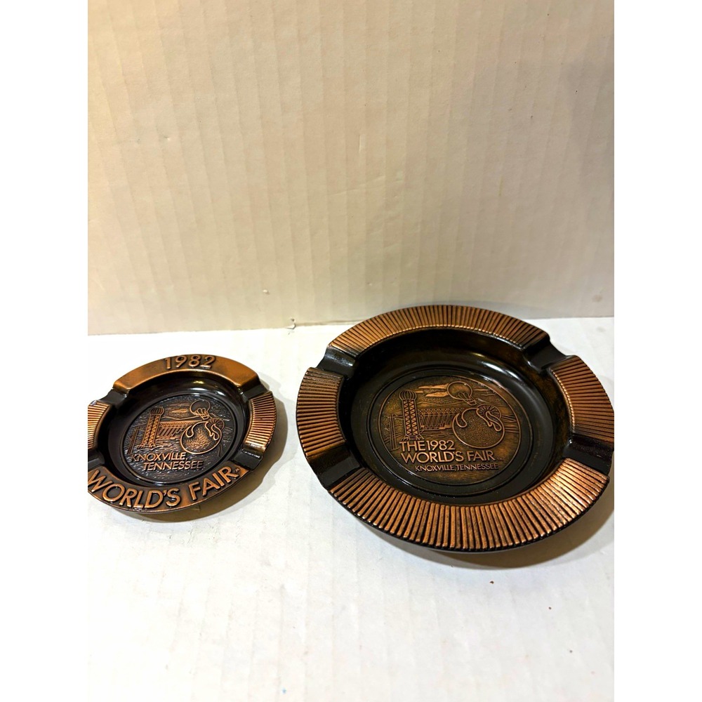 Vintage 1982 World's Fair Knoxville TN Copper Ashtray Set Large & Small